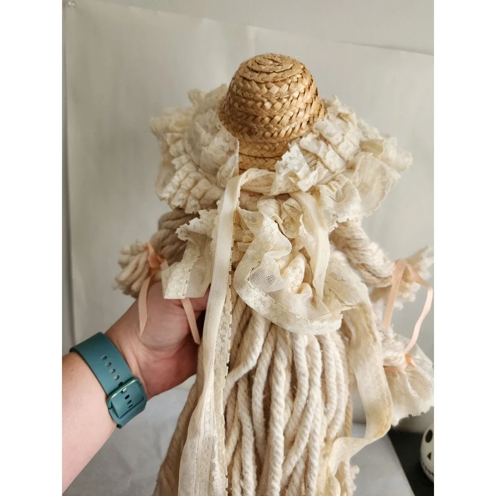 Vintage Handmade Mop Doll Cream Yarn Braids Lace Ruffle Dress Straw Bonnet 18in